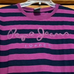 Pepe Jeans London Purple and Navy Striped Tee with Signature Logo Size XL